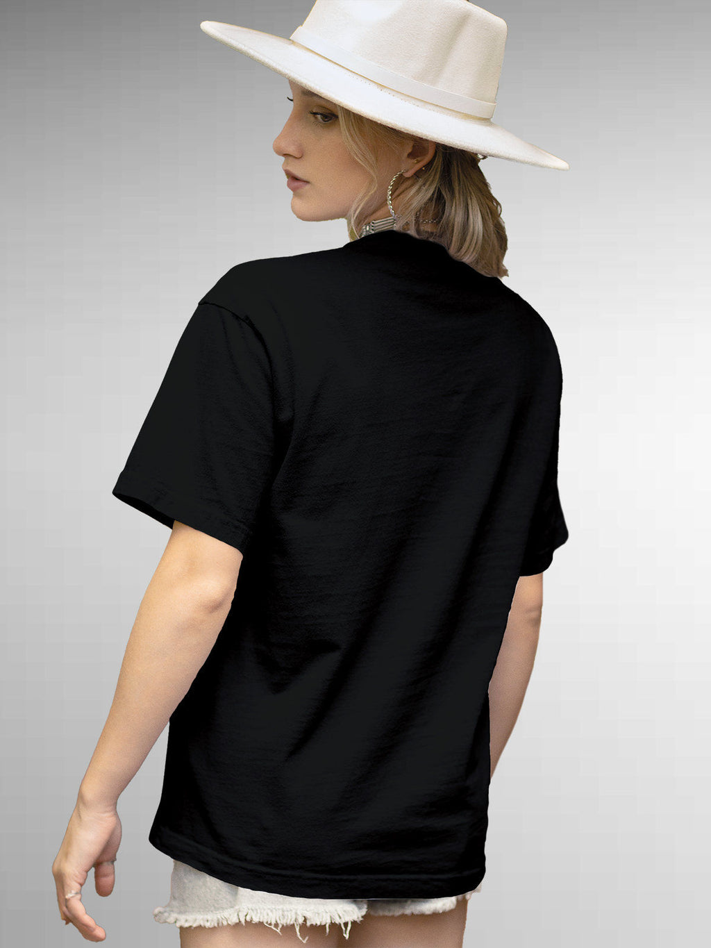 Back view of Fighterhero Women's Black Round Neck T-shirt, highlighting the modern look and clean finish