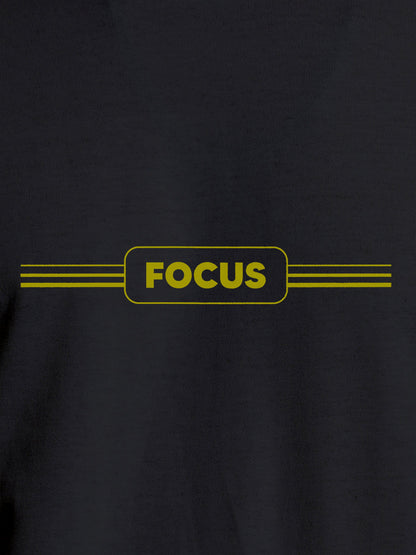 Close up of 'Focus' design on Men's Dark Grey Round Neck T-shirt, highlighting intricate details and vibrant print.