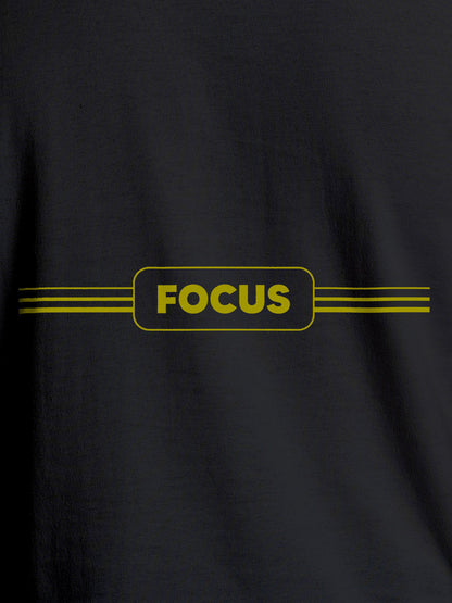 Close up of 'Focus' design on Women's Dark Grey Round Neck T-shirt, highlighting intricate details and vibrant print.