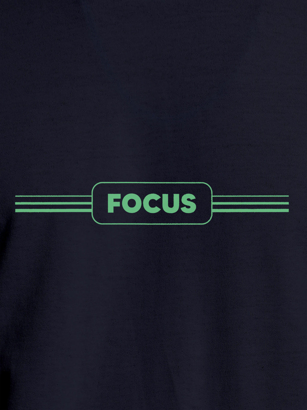 Close up of 'Focus' design on Men's Navy Blue Round Neck T-shirt, highlighting intricate details and vibrant print.