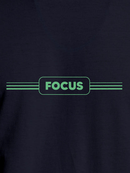 Close up of 'Focus' design on Men's Navy Blue Round Neck T-shirt, highlighting intricate details and vibrant print.