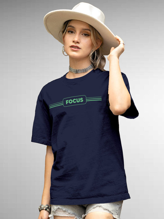Model wearing Women's Navy Blue Round Neck T-shirt with 'Focus' design, offering effortless style and premium comfort