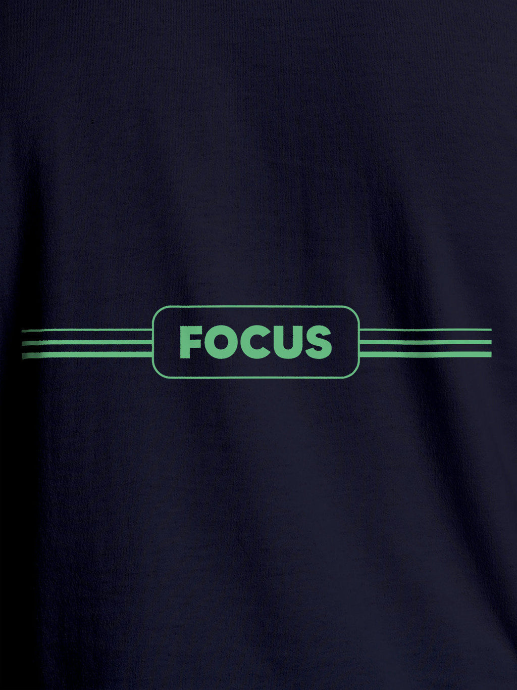 Close up of 'Focus' design on Women's Navy Blue Round Neck T-shirt, highlighting intricate details and vibrant print.