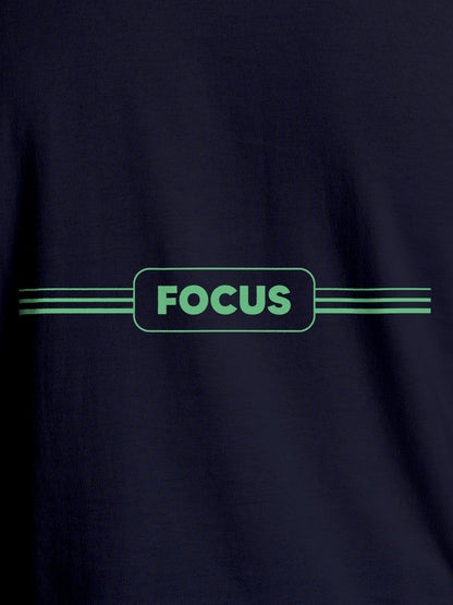 Close up of 'Focus' design on Women's Navy Blue Round Neck T-shirt, highlighting intricate details and vibrant print.