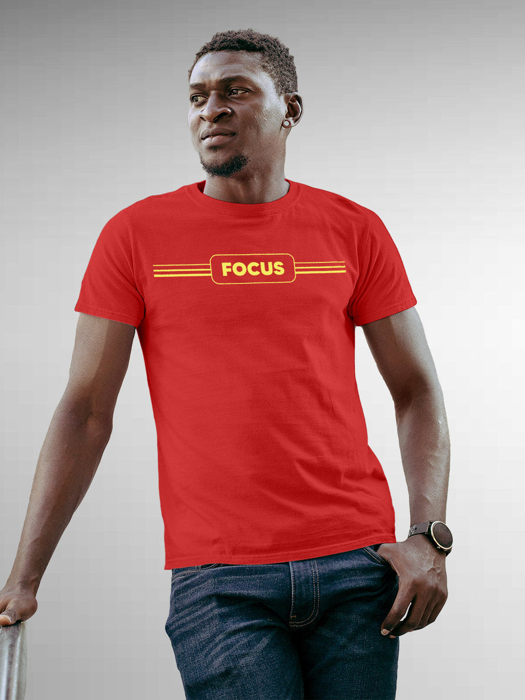 Model wearing Men's Red Round Neck T-shirt with 'Focus' design, offering effortless style and premium comfort