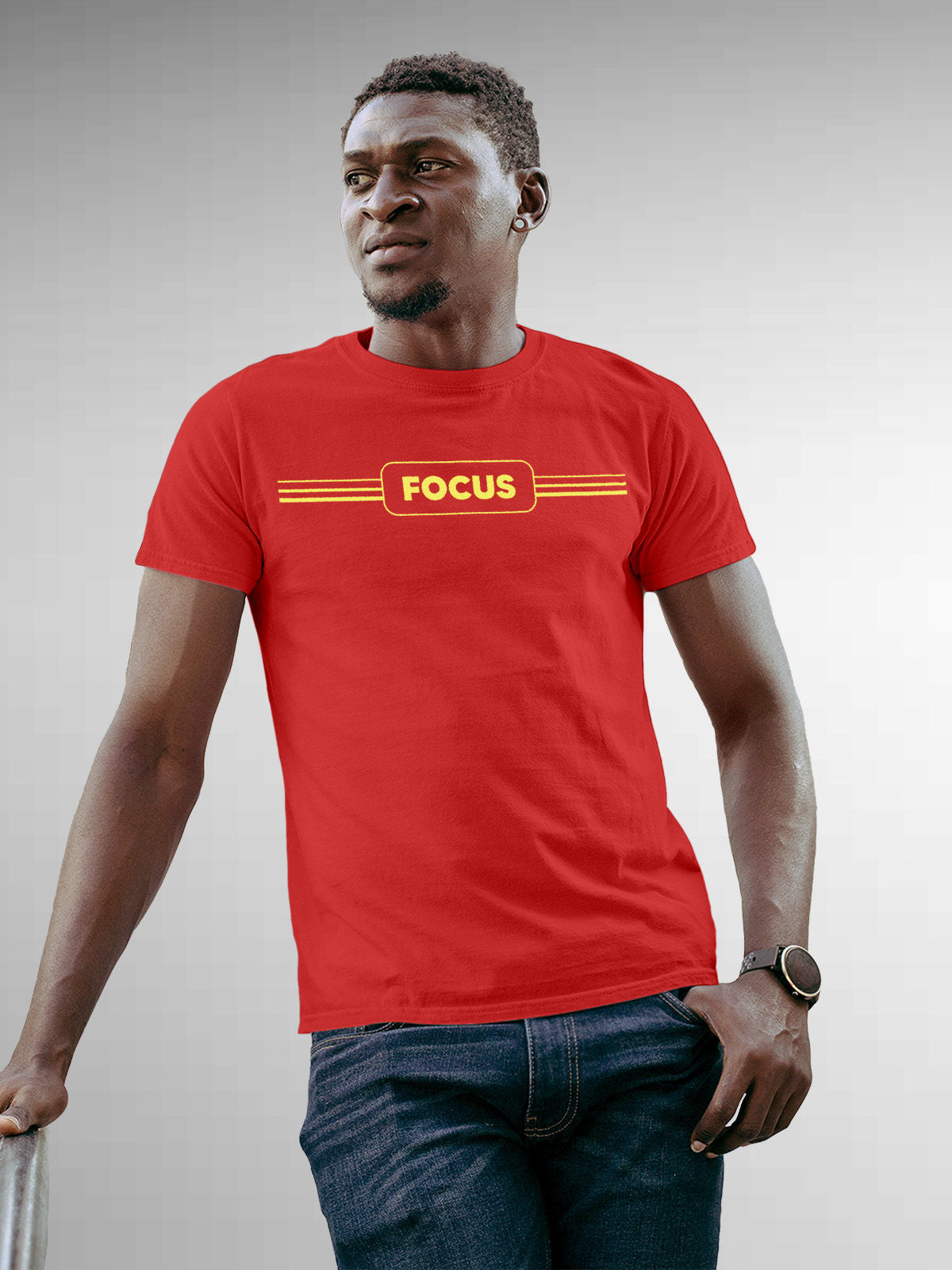 Model wearing Men's Red Round Neck T-shirt with 'Focus' design, offering effortless style and premium comfort