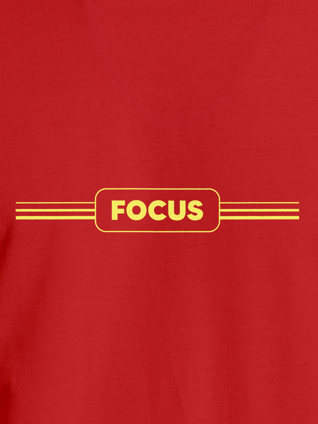 Close up of 'Focus' design on Men's Red Round Neck T-shirt, highlighting intricate details and vibrant print.