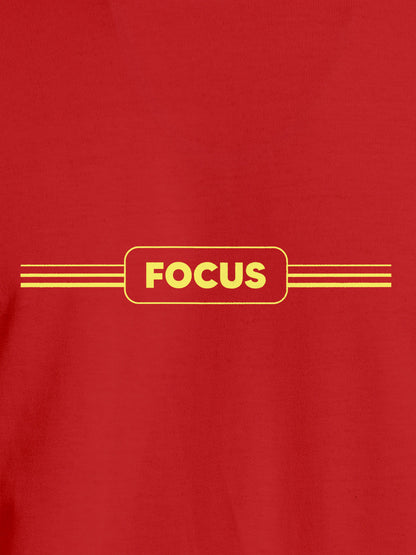 Close up of 'Focus' design on Men's Red Round Neck T-shirt, highlighting intricate details and vibrant print.