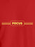 Close up of 'Focus' design on Men's Red Round Neck T-shirt, highlighting intricate details and vibrant print.