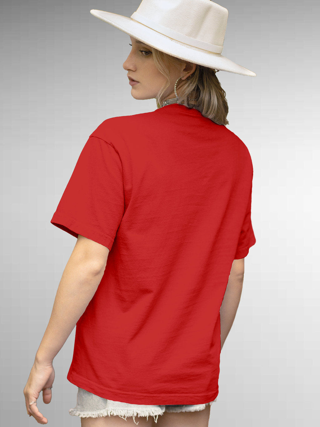 Back view of Fighterhero Women's Red Round Neck T-shirt, highlighting the modern look and clean finish