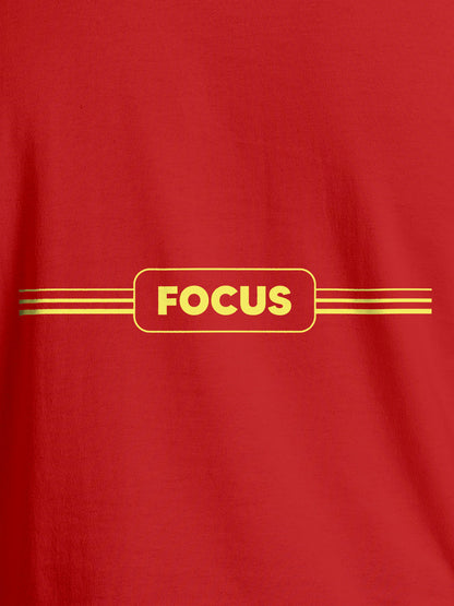 Close up of 'Focus' design on Women's Red Round Neck T-shirt, highlighting intricate details and vibrant print.
