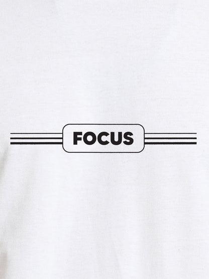 Close up of 'Focus' design on Men's White Round Neck T-shirt, highlighting intricate details and vibrant print.