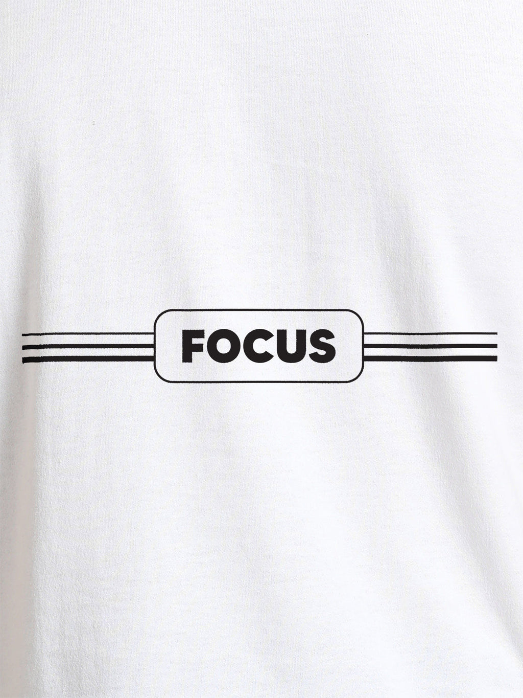 Close up of 'Focus' design on Women's White Round Neck T-shirt, highlighting intricate details and vibrant print.