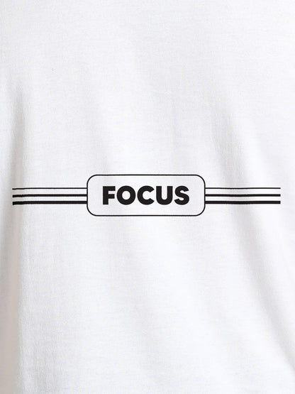 Close up of 'Focus' design on Women's White Round Neck T-shirt, highlighting intricate details and vibrant print.