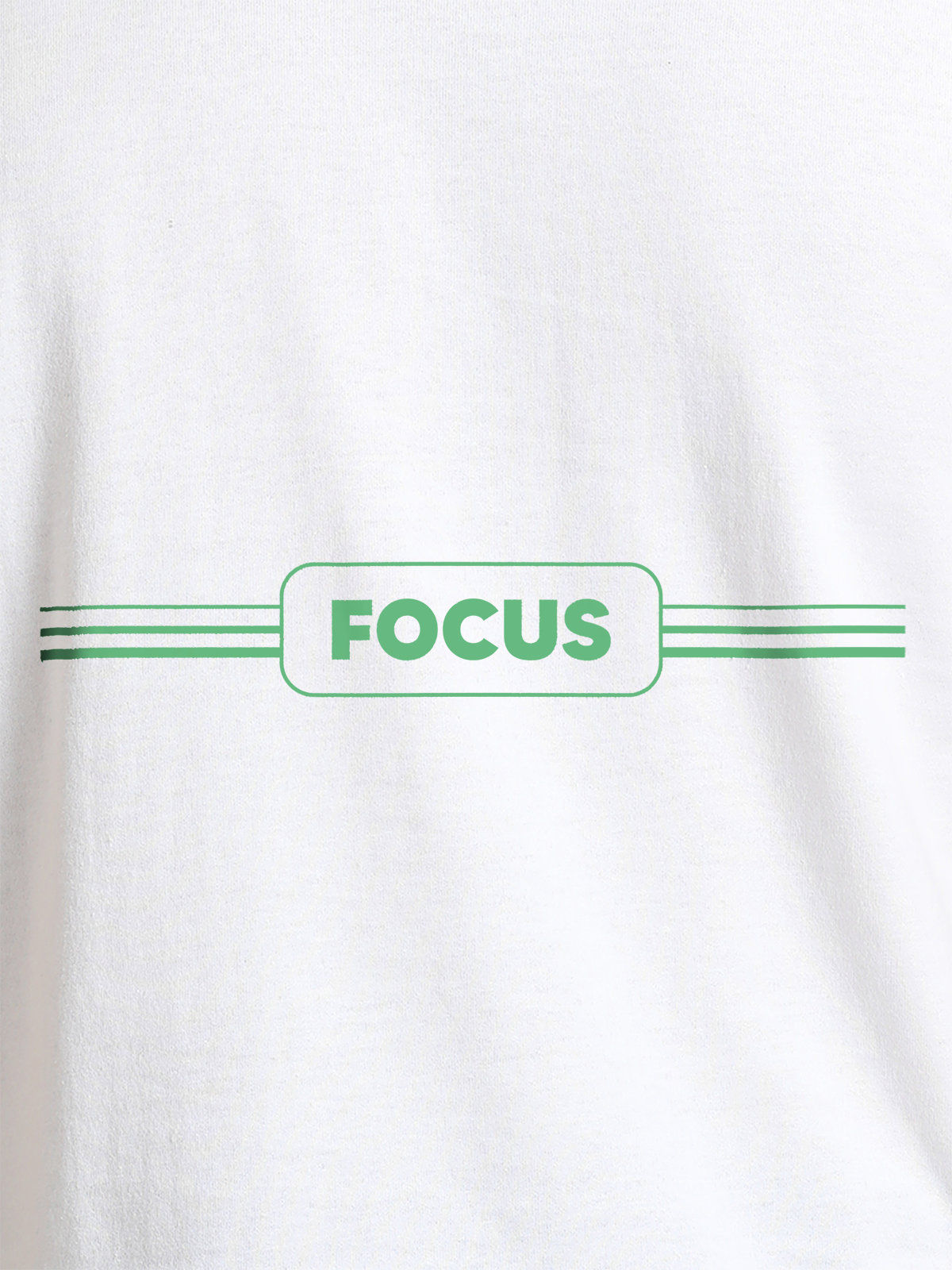 Close up of 'Focus' design on Women's White Round Neck T-shirt, highlighting intricate details and vibrant print.