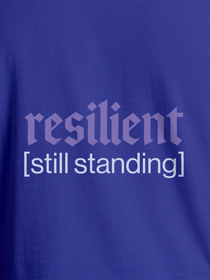 Close up of 'Resilient' design on Women's Blue Round Neck T-shirt, highlighting intricate details and vibrant print.