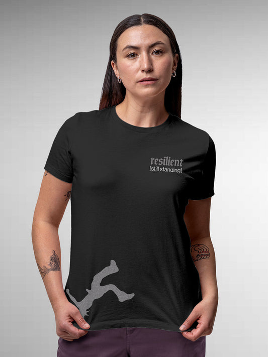 Model wearing Women's Dark Grey Round Neck T-shirt with 'Resilient' design, offering effortless style and premium comfort