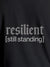 Close up of 'Resilient' design on Women's Dark Grey Round Neck T-shirt, highlighting intricate details and vibrant print.