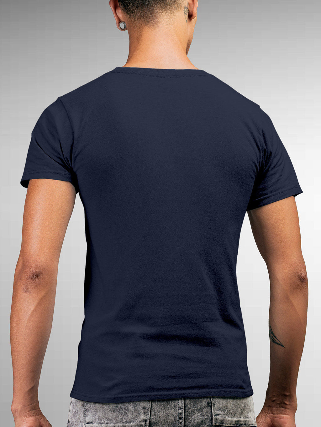 Back view of Fighterhero Men's Navy Blue Round Neck T-shirt, highlighting the modern look and clean finish