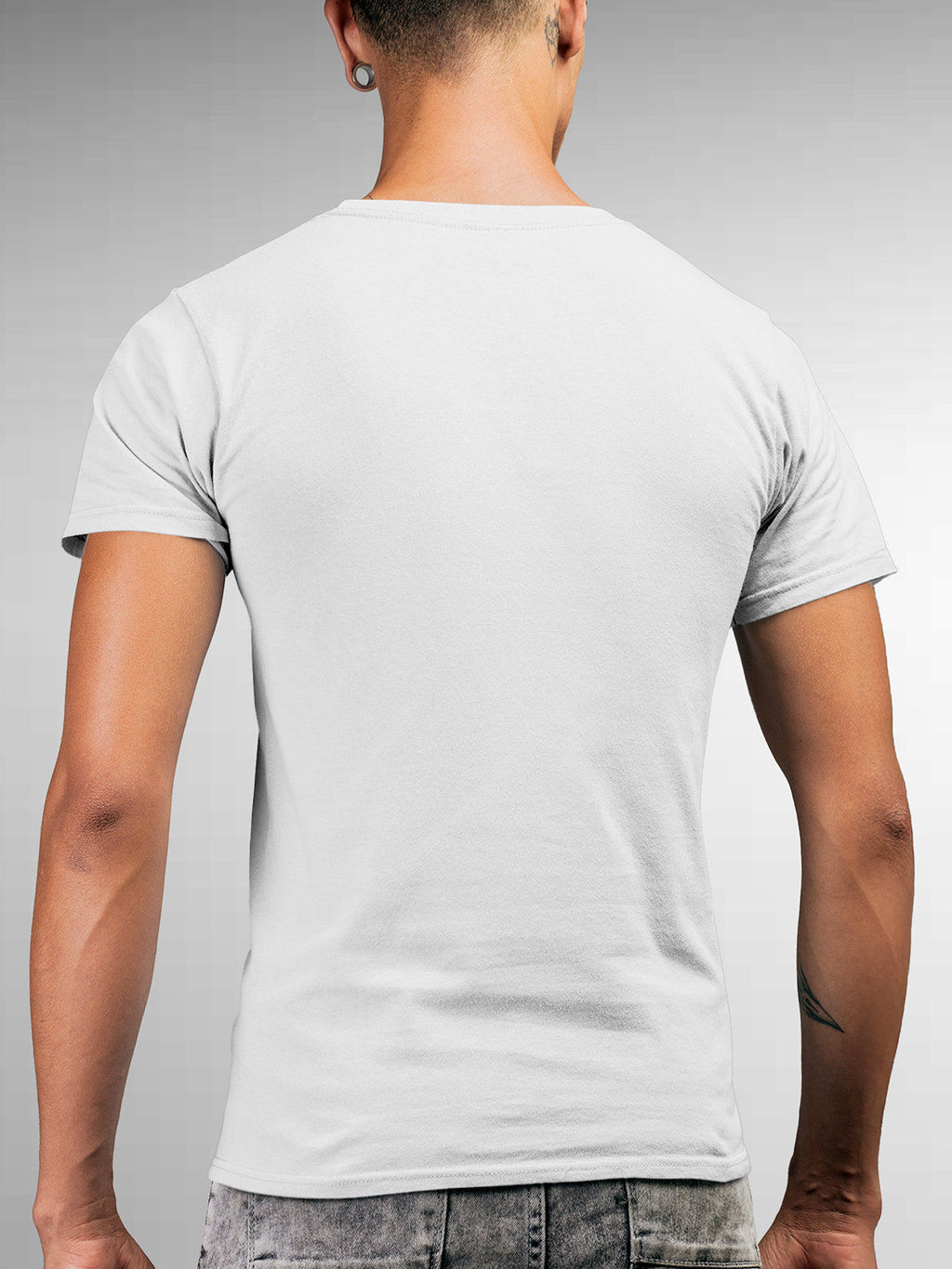 Back view of Fighterhero Men's White Round Neck T-shirt, highlighting the modern look and clean finish