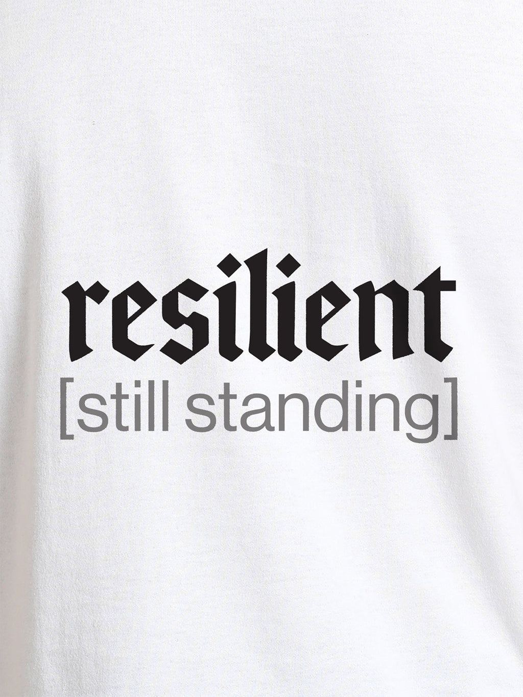 Close up of 'Resilient' design on Women's White Round Neck T-shirt, highlighting intricate details and vibrant print.