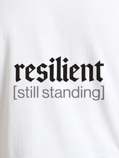 Close up of 'Resilient' design on Women's White Round Neck T-shirt, highlighting intricate details and vibrant print.