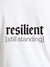 Close up of 'Resilient' design on Women's White Round Neck T-shirt, highlighting intricate details and vibrant print.