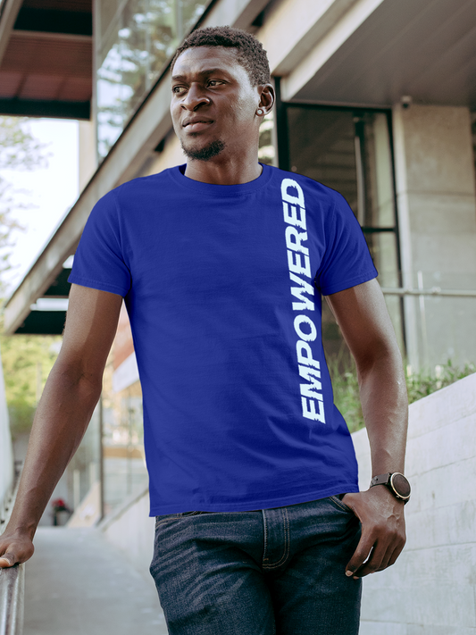 Fighterhero T-shirts: Model wearing Men's Blue Round Neck T-shirt with 'Empowered' design