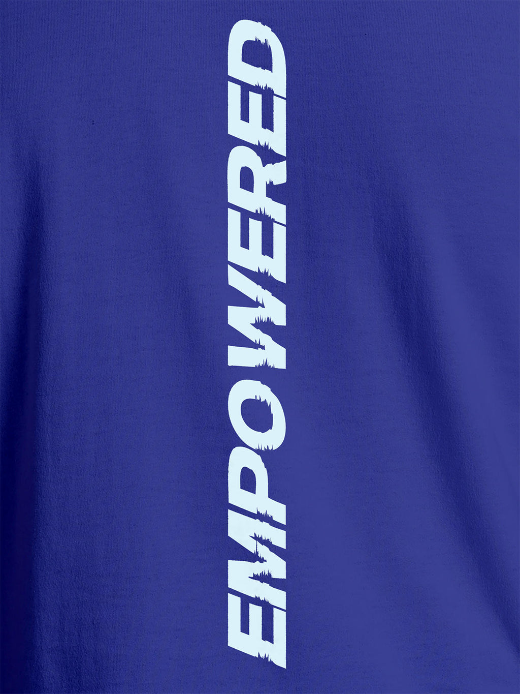 Close up of 'Empowered' design on Men's Blue Round Neck T-shirt, highlighting intricate details and vibrant print.