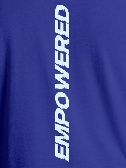 Close up of 'Empowered' design on Men's Blue Round Neck T-shirt, highlighting intricate details and vibrant print.