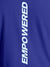 Close up of 'Empowered' design on Men's Blue Round Neck T-shirt, highlighting intricate details and vibrant print.