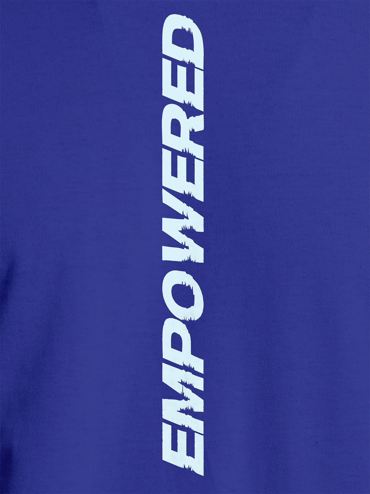 Close up of 'Empowered' design on Women's Blue Round Neck T-shirt, highlighting intricate details and vibrant print.