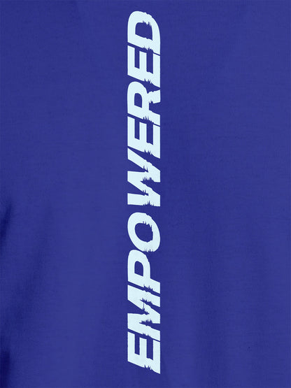 Close up of 'Empowered' design on Women's Blue Round Neck T-shirt, highlighting intricate details and vibrant print.