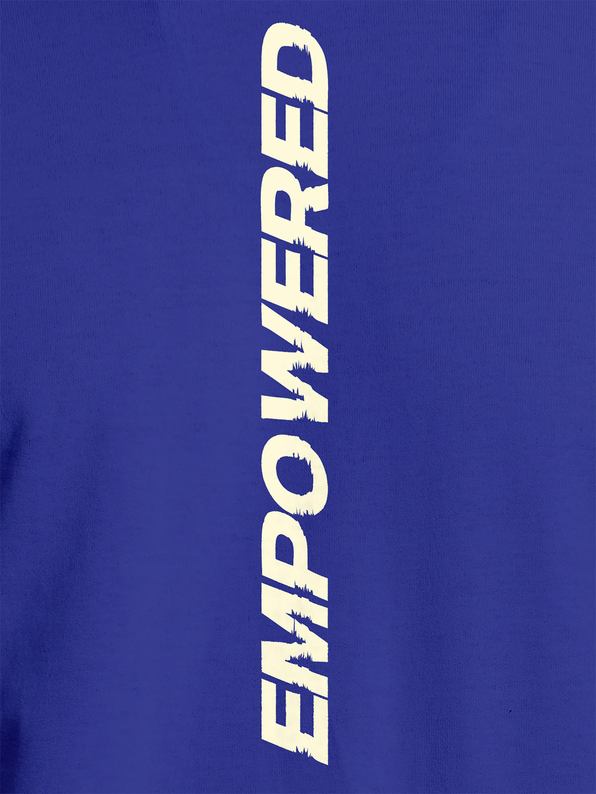 Close up of 'Empowered' design on Women's Blue Round Neck T-shirt, highlighting intricate details and vibrant print.
