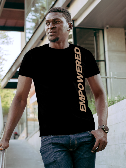 Fighterhero T-shirts: Model wearing Men's Black Round Neck T-shirt with 'Empowered' design