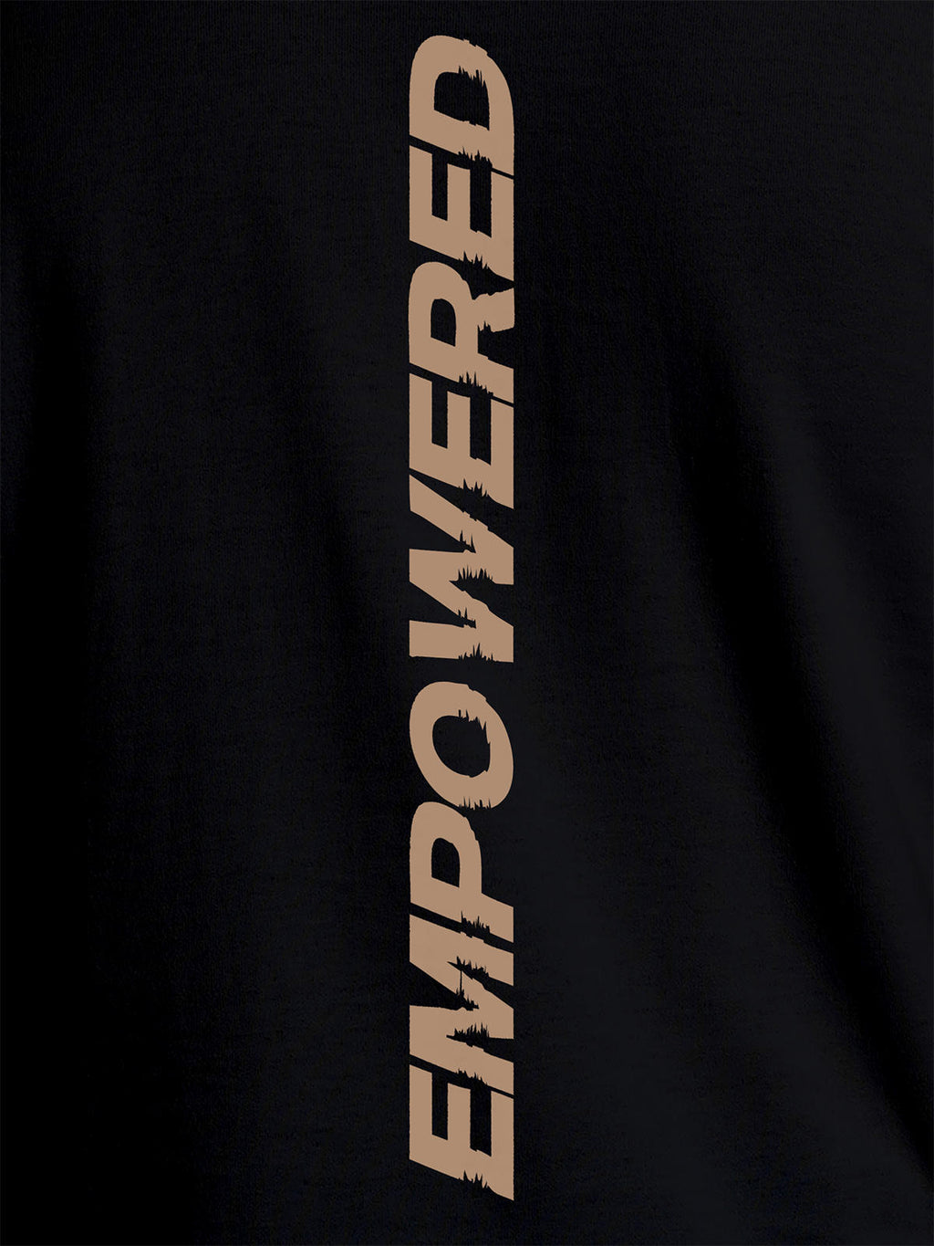 Close up of 'Empowered' design on Men's Black Round Neck T-shirt, highlighting intricate details and vibrant print.