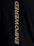 Close up of 'Empowered' design on Men's Black Round Neck T-shirt, highlighting intricate details and vibrant print.