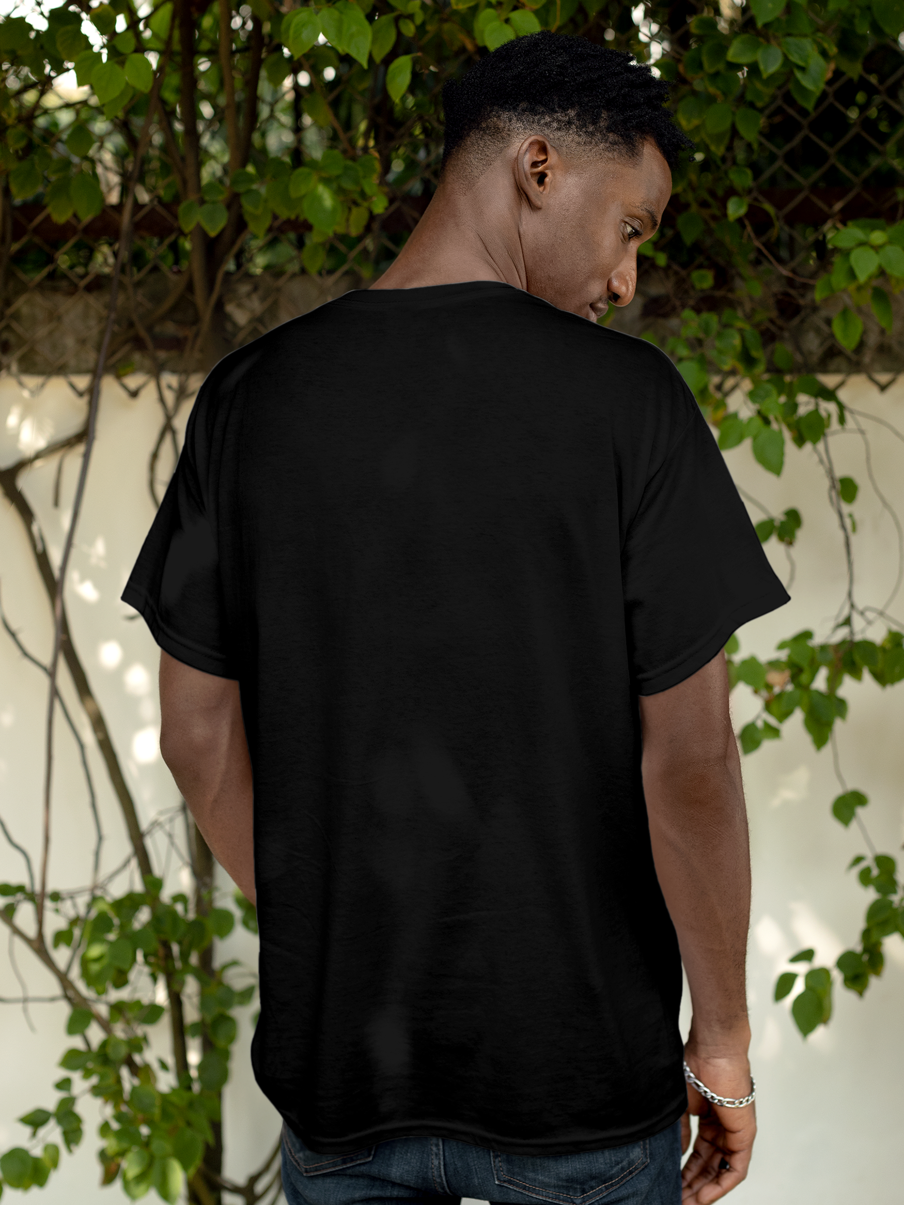 Back view of Fighterhero Men's Black Round Neck T-shirt, highlighting the modern look and clean finish