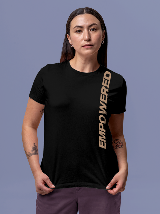 Fighterhero T-shirts: Model wearing Women's Black Round Neck T-shirt with 'Empowered' design