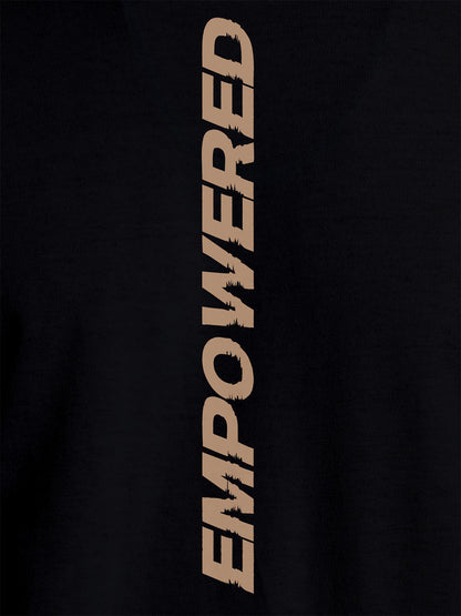Close up of 'Empowered' design on Women's Black Round Neck T-shirt, highlighting intricate details and vibrant print.