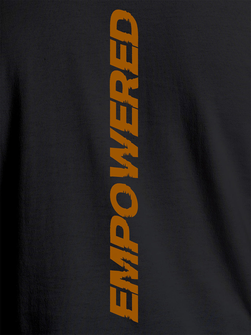 Close up of 'Empowered' design on Men's Dark Grey Round Neck T-shirt, highlighting intricate details and vibrant print.
