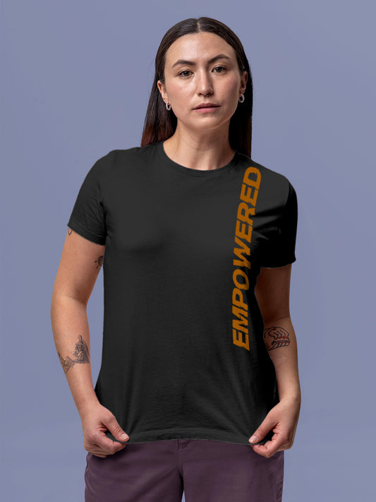 Model wearing Women's Dark Grey Round Neck T-shirt with 'Empowered' design, offering effortless style and premium comfort