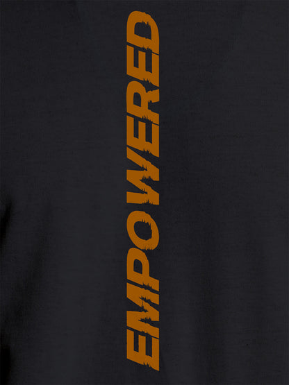 Close up of 'Empowered' design on Women's Dark Grey Round Neck T-shirt, highlighting intricate details and vibrant print.