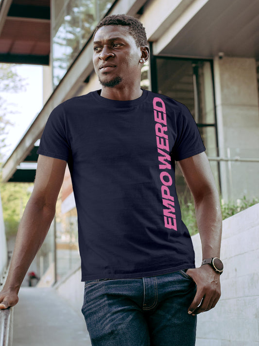 Model wearing Men's Navy Blue Round Neck T-shirt with 'Empowered' design, offering effortless style and premium comfort