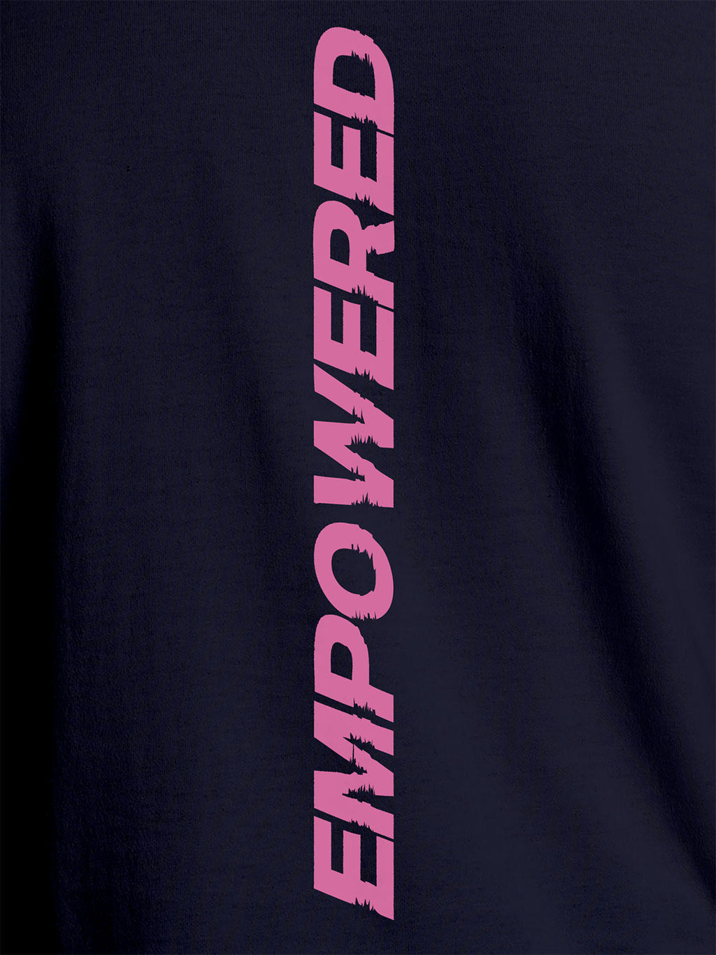 Close up of 'Empowered' design on Men's Navy Blue Round Neck T-shirt, highlighting intricate details and vibrant print.