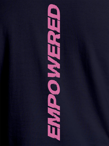 Close up of 'Empowered' design on Men's Navy Blue Round Neck T-shirt, highlighting intricate details and vibrant print.