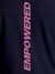 Close up of 'Empowered' design on Men's Navy Blue Round Neck T-shirt, highlighting intricate details and vibrant print.