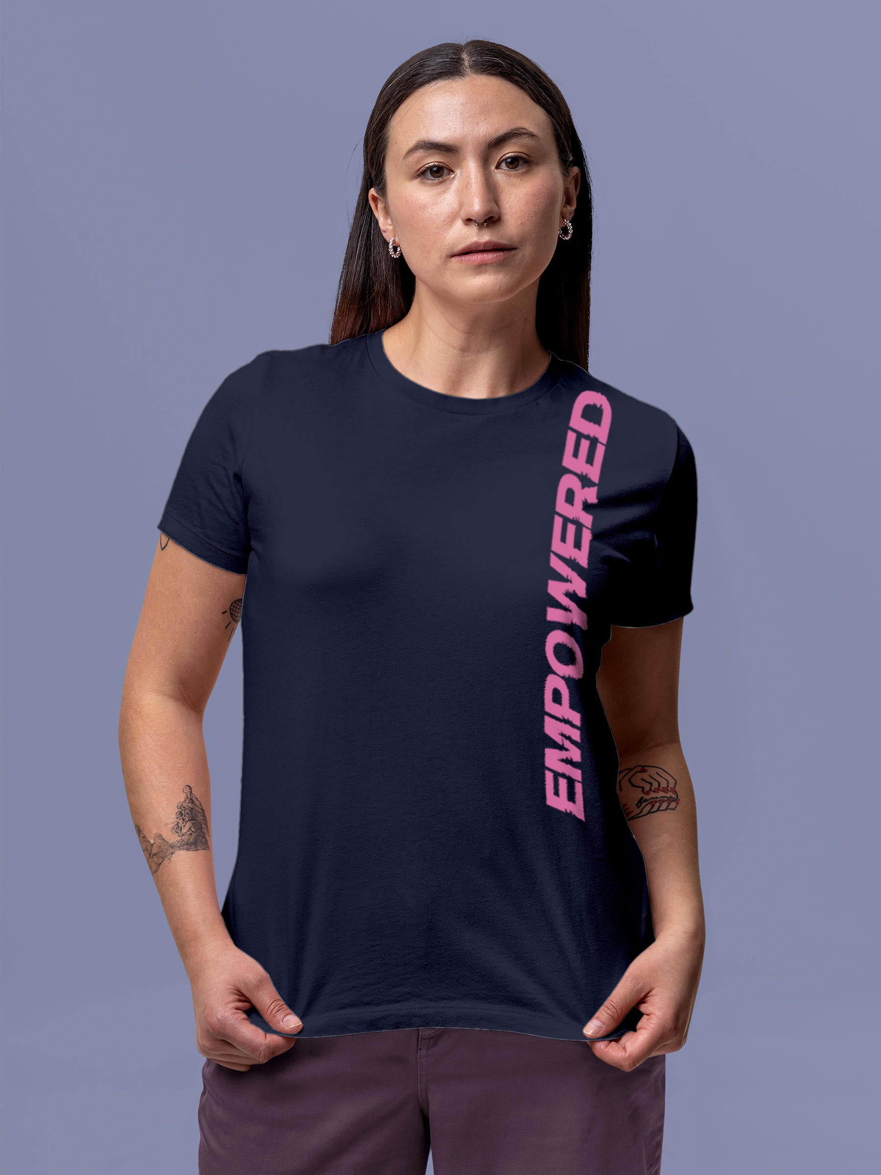 Model wearing Women's Navy Blue Round Neck T-shirt with 'Empowered' design, offering effortless style and premium comfort