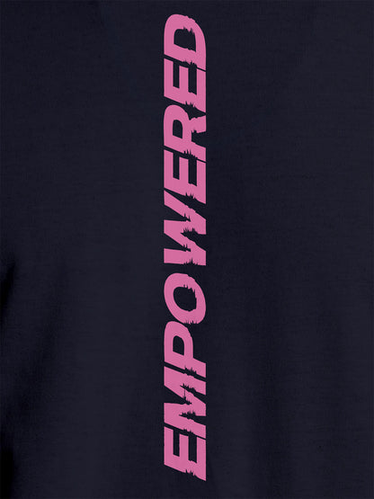 Close up of 'Empowered' design on Women's Navy Blue Round Neck T-shirt, highlighting intricate details and vibrant print.