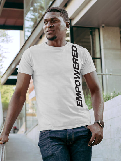 Model wearing Men's White Round Neck T-shirt with 'Empowered' design, offering effortless style and premium comfort